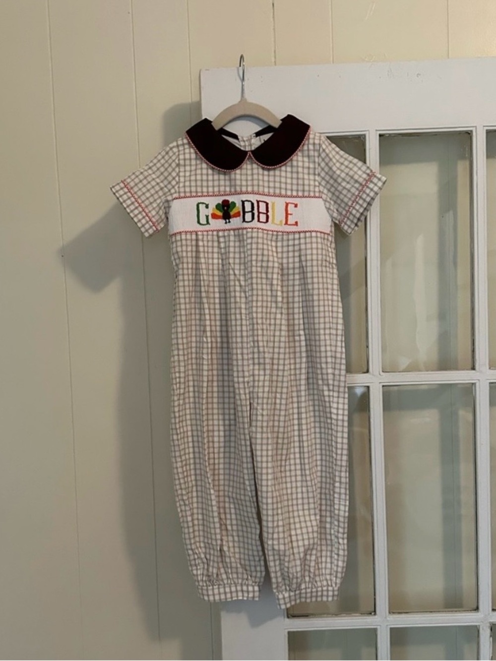 Smocked 'Gobble' long jon with peter pan collar (3T)